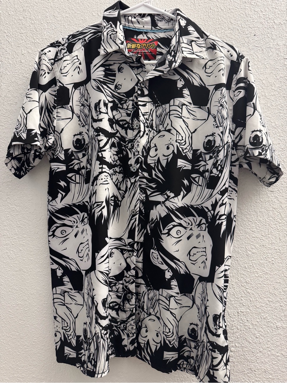 Black & White Manga Print Short Sleeve Button-Down Shirt